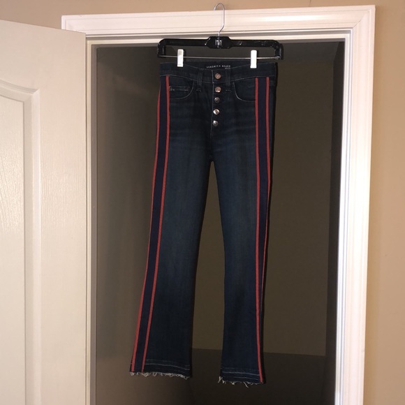 Veronica Beard 10” Carolyn Baby Boot Jeans in Midnight w/Red Tuxedo Stripe. 25. - Picture 1 of 12